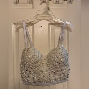 Ellacci Pearl Beaded Rhinestone Bustier Push-up Corset Top with Detachable Strap